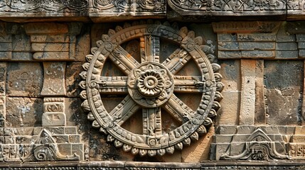 Eight-Spoked Dharma Wheel on Stone Temple Wall
