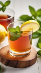 Fototapeta premium tea in a glass mug with mint and lemon on a wooden table. The concept of healthy eating, health, tea drinking ritual