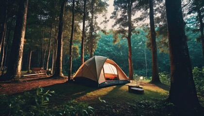 campsite tent in the forest generative ai
