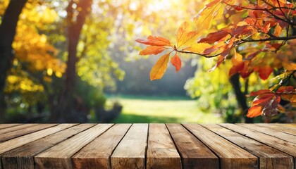 Naklejka na ściany i meble wooden table and blurred garden autumn nature background