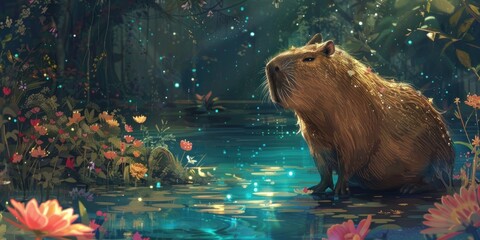 Illustration of a mythical capybara in a magical pond with flowers and soft lighting.