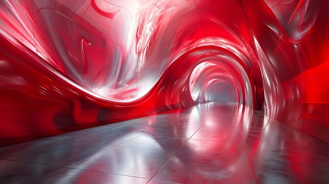 Futuristic Red Tunnel with Glossy Curves and Reflective Floor for Sci-Fi Themes