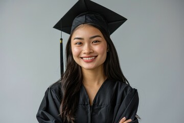 A woman wearing a black graduation gown and cap is smiling