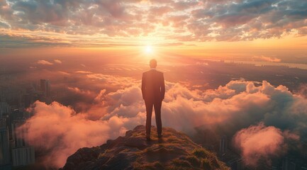 A man stands on a mountain top, looking out at the city below. Business concept, background