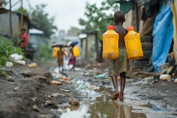 A young girl carrying two bottles of water through a muddy street. Water crisis concept