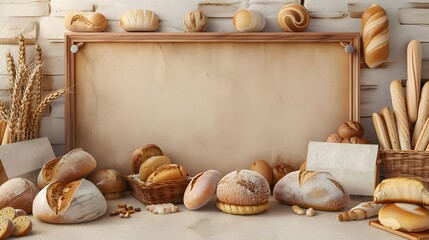 bread bakery shop or a supermarket bread section with empty price or name tag as wide banner with copy space area 