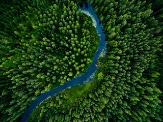 Aerial view of green grass forest with tall pine trees and blue bendy river flowing through the...