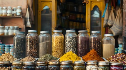 Jars of spices and dried goods for sale in a market stall. Marrakesh, Marrakesh-Safi, Morocco. - Powered by Adobe