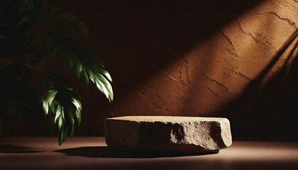 natural stone podium for beauty and spa cosmetic brand display on brown background wall with plant shadow luxury granite material neutral aesthetic interior scene for product placement