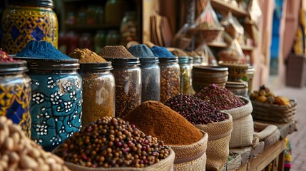 Jars of spices and dried goods for sale in a market stall. Marrakesh, Marrakesh-Safi, Morocco.