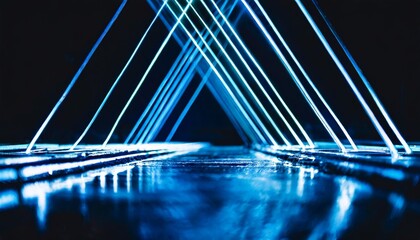 abstract neon blue lines on black background illuminated reflections on ground scene science sci fi...