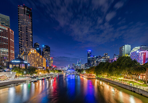 Melbourne, Australia, on February 17, 2024, at night: Melbourne's tallest skyscraper, the Eureka Tower, dominates the cityscape of South Yarra above the Yarra River