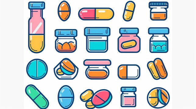 An outline style icon for web sites or mobile apps depicting supplements. This icon features a line and solid design representing nutrition and tablets, conveying the concept of vitamins