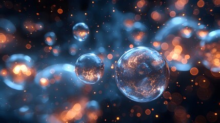 Mystical Cosmic Orbs Amidst Illuminated Particles in Space, Magical Enigmatic Universe Scene - obrazy, fototapety, plakaty
