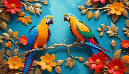 Two vibrant parrots perch on a branch surrounded by bold flowers against a blue backdrop