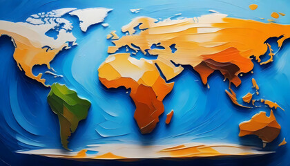 This image showcases a three-dimensional, stylized world map with a focus on depth and contrasting vibrant blue and orange colors