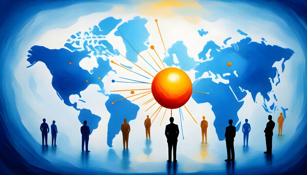 Stylized world map with figures and connections, depicting global business and communication