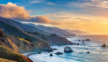 big sur coastline panorama at sunset california usa - obrazy, fototapety, plakaty