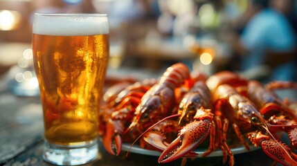 Boiled crayfish and glass of beer on table in restaurant