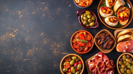 Italian antipasti wine snacks set. Salami, olives, tomatoes and wine in bowls over black stone background. Top view, copy space