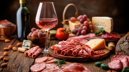 Selection of italian antipasti and wine on wooden background