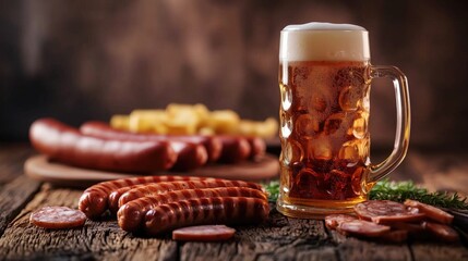 Glass of beer with sausages on wooden table. Oktoberfest concept
