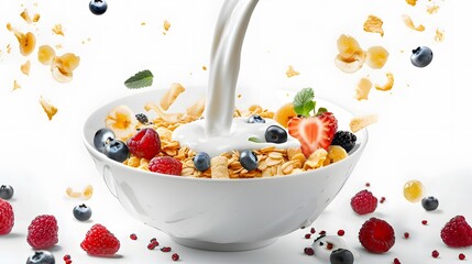 fresh milk or yogurt pouring over a bowl of cereal flakes and berries fruits cold naturiouse breakfast,on white background