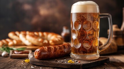 Glass of beer with sausages on wooden table. Oktoberfest concept