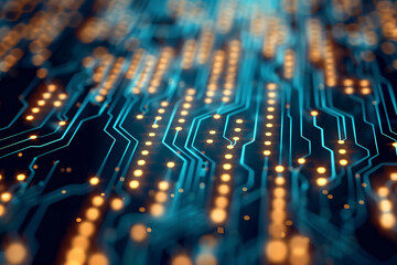 Close-up of blue circuit board with illuminated pathways