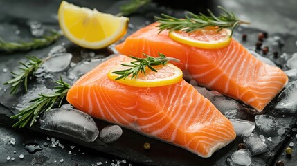 Fresh raw salmon with lemon and rosemary on black table, closeup