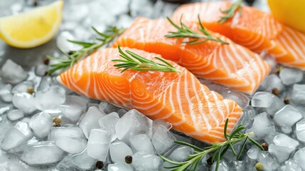 Fresh raw salmon with lemon and rosemary on ice cubes, closeup
