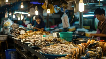 Seafood stall at night market in Vietnam