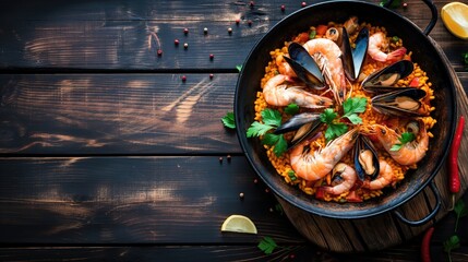 Seafood Spanish paella with shrimps, mussels, prawns and squid in a pan on wooden background with copy space. Traditional Spanish Food