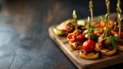Canape with meat and vegetables on a wooden board. Selective focus.