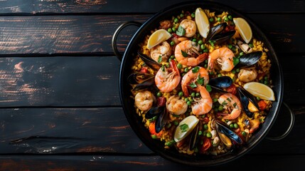 Seafood Spanish paella with shrimps, mussels, prawns and squid in a pan on wooden background with...