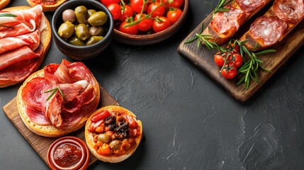 Assortment of antipasti snacks on black stone table. Top view with copy space