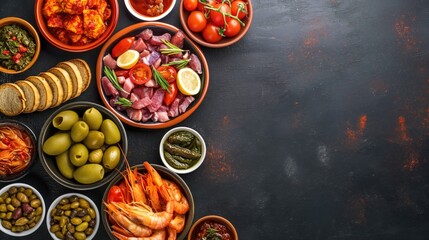 Selection of mediterranean appetizers on dark background with copy space