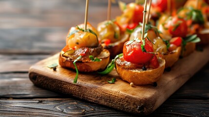 Bruschetta with tomatoes, cheese and herbs on wooden background