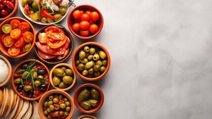 Assorted olives and tomatoes in bowls on light background with copy space, top view