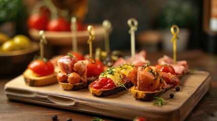 Appetizer canape with ham, cheese, salami and tomatoes