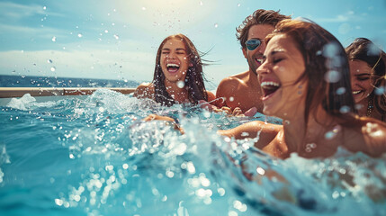 Friends laughing and splashing each other in the yacht's infinity pool, Happiness, love, health, respect - obrazy, fototapety, plakaty