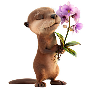 A playful cartoon otter is happily holding a flower and taking in its fragrance. Another image shows the otter balancing a delicate orchid on its nose against a transparent background.