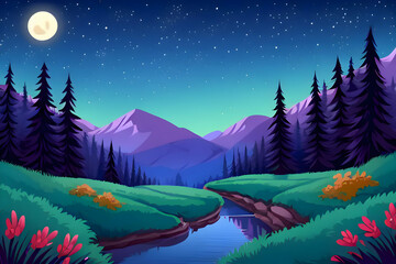 Beautiful and Peaceful Nature Scenery Illustration, Landscape, Countryside, Tranquil, Vibrant and Colorful