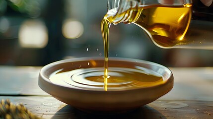 Olive oil is poured from a bottle into a bowl
 - obrazy, fototapety, plakaty