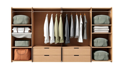 Hanging Canvas Wardrobe Organizer with Shelves and Clothes Isolated On Transparent Background OR PNG Background OR White Background.