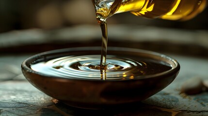 Olive oil is poured from a bottle into a bowl

