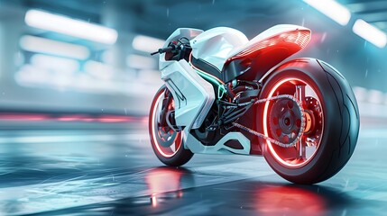 generic modern concept design speed motorbike displayed at showroom or garage bike with datum infographic information turbo or electric engine as wide banner with copy space area