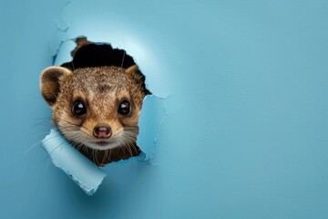 A mongoose looks through a torn blue paper hole. - obrazy, fototapety, plakaty