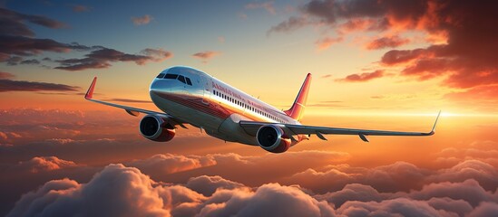 An airplane flying above the dramatic clouds at sunset. Transportation flight background, for templates and banners. - obrazy, fototapety, plakaty