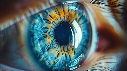 close up of human eye blue iris pupil ultra detailed shiny reflection zoom